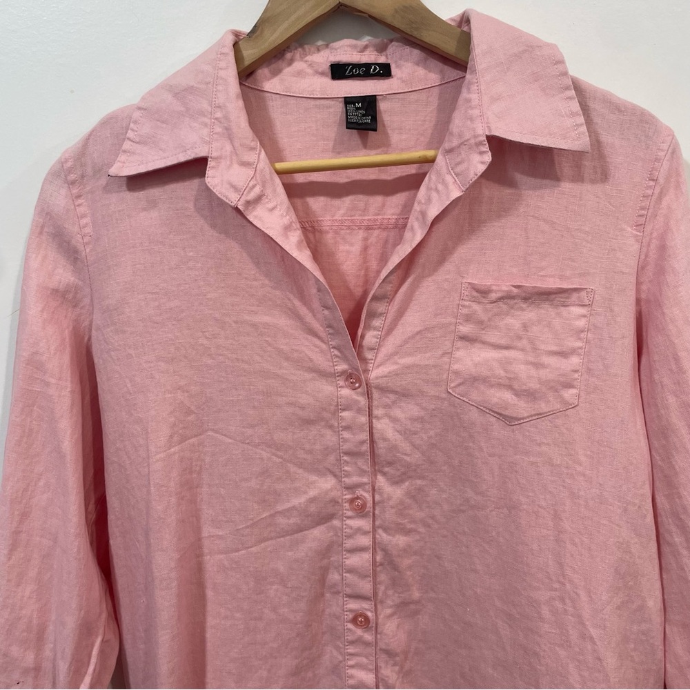 Zoe D. 100% Linen Blush Pink Button Down Shirt Coastal Grandma Size M - Picture 4 of 10